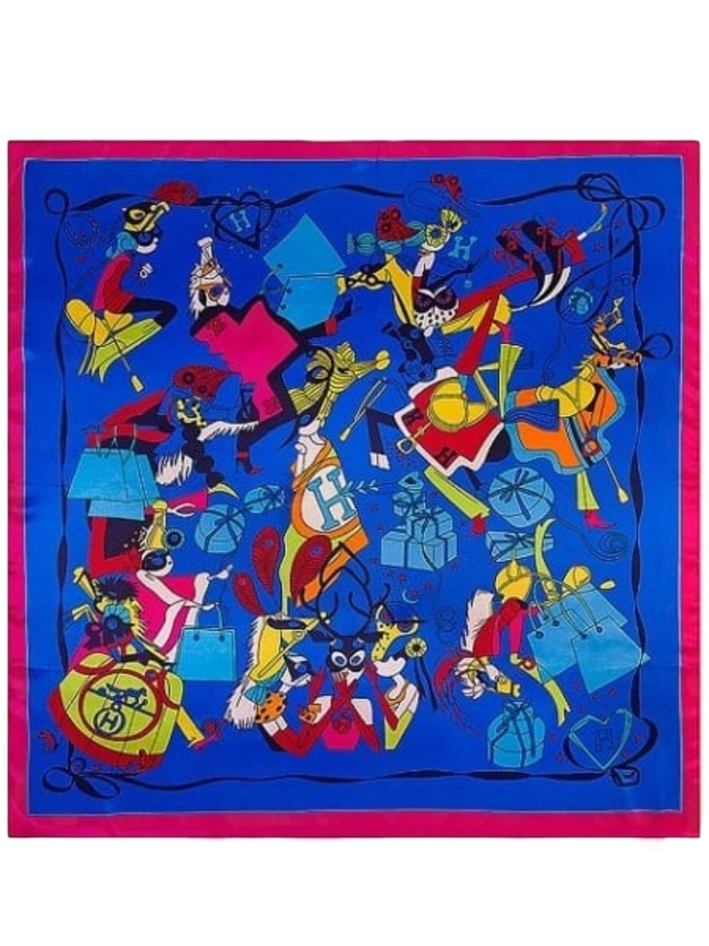 Shopping Icons Print Square Scarf Blue Pink 35x35 Hand Rolled Silk Feel